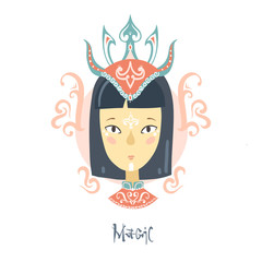 Portrait of a Asian girl in a crown with a pattern on her face. 