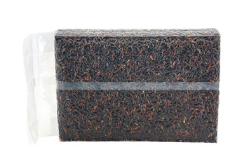 riceberry rice in plastic vacuum package on white background