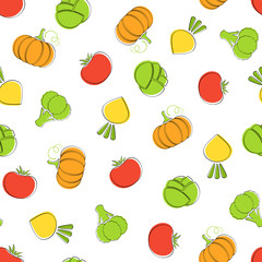 Harvest vegetable seamless pattern vector flat illustration. Natural colors food pattern design with pumpkin, tomato and broccoli, cabbage and turnip vegetable seamless texture for healthy diet decor