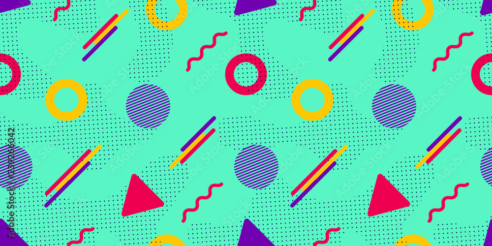 Poster memphis vector background. colorful geometric shapes in modern style. hipster seamless pattern. tren