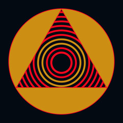 geometric symbol with circles inside triangle red gold