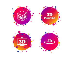 3d technology icons. Printer, rotation arrow sign symbols. Print cube. Gradient circle buttons with icons. Random dots design. Vector