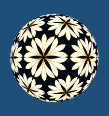 flower ball with outlined pattern gold ivory black on blue