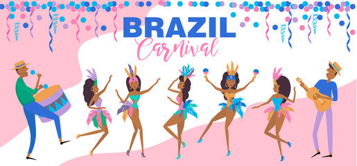 Brazil Carnival poster template with Brazilian samba dancer. Carnival in Rio de Janeiro with girls wearing a festival costume. Editable vector illustration