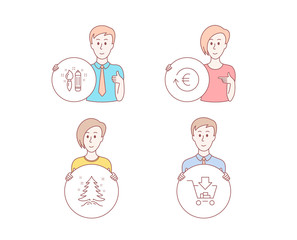 People hand drawn style. Set of Creativity, Christmas tree and Exchange currency icons. Shopping sign. Graphic art, Spruce, Reshresh exchange rate. Add to cart.  Character hold circle button. Vector