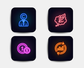 Neon glow lights. Set of Copyrighter, Copyright chat and Usd coins icons. Update data sign. Writer person, Speech bubble, Cash payment. Sales chart.  Neon icons. Glowing light banners. Vector