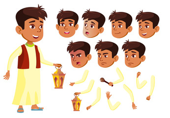 Arab, Muslim Teen Boy Vector. Teenager. Fun, Cheerful. Face Emotions, Various Gestures. Animation Creation Set. Isolated Flat Cartoon Character Illustration