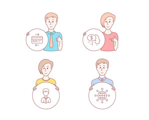 People hand drawn style. Set of Credit card, Pay and Businessman icons. International globe sign. Bank payment, Beggar, User data. World networking.  Character hold circle button. Man with like hand