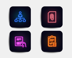 Neon glow lights. Set of Management, Attachment and Parcel invoice icons. Accounting checklist sign. Agent, Attach document, Delivery document. Calculator.  Neon icons. Glowing light banners. Vector