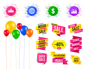 Balloons party. Sales banners. Business icons. Graph chart and globe signs. Dollar currency and group of people symbols. Birthday event. Trendy design. Vector
