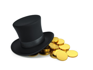 Black top hat with golden coins, clipping path included