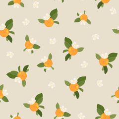Seamless pattern with orange mandarin tangerine flowers and leaves on beige background. Vector color illustration.