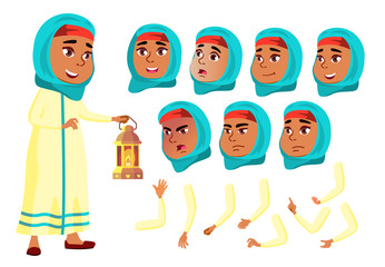 Arab, Muslim Teen Girl Vector. Teenager. Positive Person. Face Emotions, Various Gestures. Animation Creation Set. Isolated Flat Cartoon Character Illustration