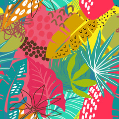 Vector seamless pattern with tropical plants and hand drawn abstract textures