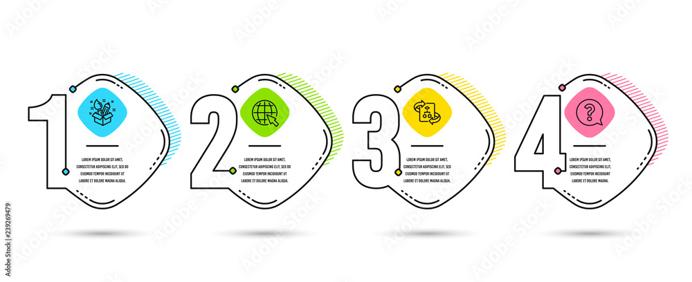 Poster infographic timeline set of creativity, internet and technical algorithm icons. question mark sign. 