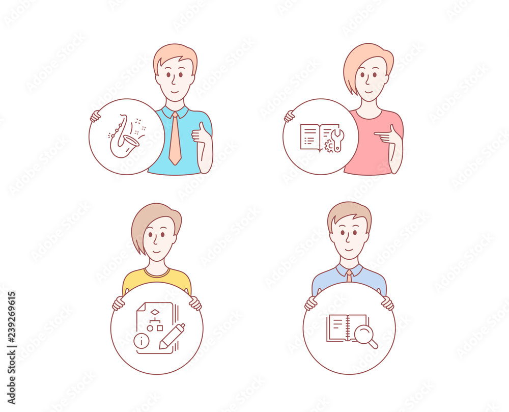 Poster people hand drawn style. set of engineering documentation, jazz and algorithm icons. search book sig