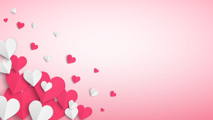 Background with many paper volume hearts, red and white on pink