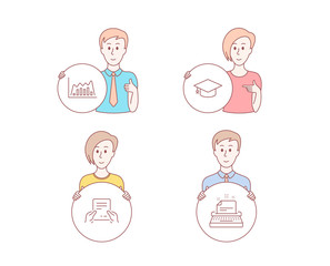 People hand drawn style. Set of Infographic graph, Receive file and Graduation cap icons. Typewriter sign. Line diagram, Hold document, University. Instruction.  Character hold circle button. Vector
