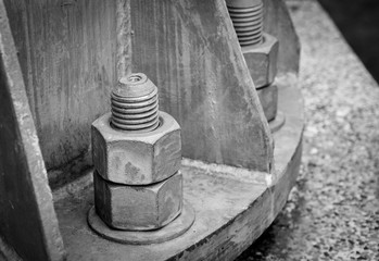 close up of old bolts and nuts with monochrome, greyscale tone