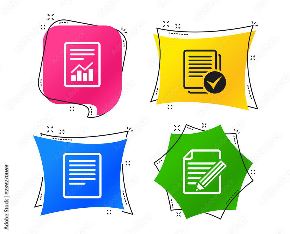 Poster file document icons. document with chart or graph symbol. edit content with pencil sign. select file