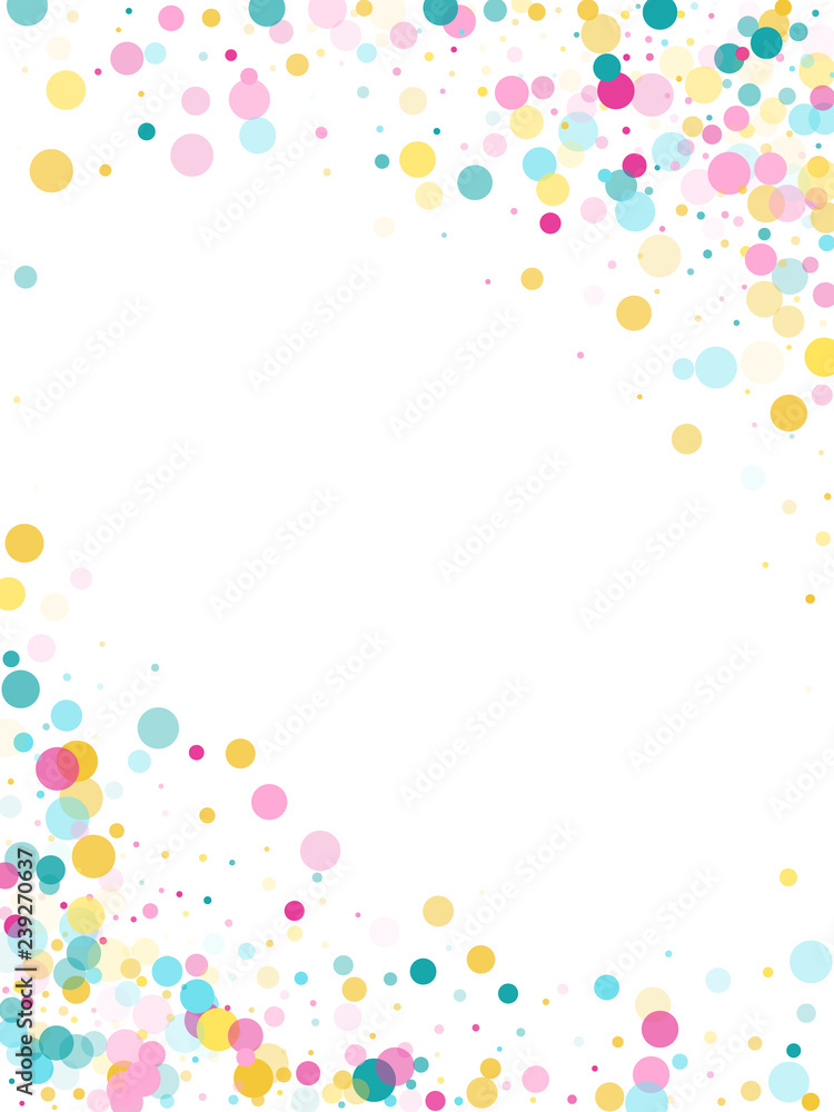 Wall mural memphis round confetti festive background in cyan blue, pink and yellow. childish pattern vector.