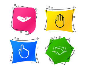 Hand icons. Handshake successful business symbol. Click here press sign. Human helping donation hand. Geometric colorful tags. Banners with flat icons. Trendy design. Vector