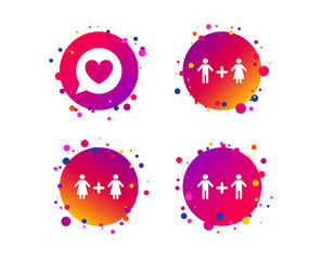 Couple love icon. Lesbian and Gay lovers signs. Romantic homosexual relationships. Speech bubble with heart symbol. Gradient circle buttons with icons. Random dots design. Vector