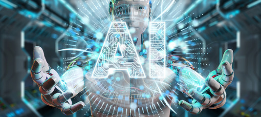 White humanoid using digital artificial intelligence icon hologram 3D rendering