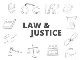 law and justice doodle art with hand sketch drawn pencil