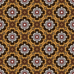 Seamless floral pattern from yellow, olive and grey geometrical abstract ornaments on a dark brown background. Vector illustration can be used for textiles, wallpaper and wrapping paper
