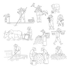 Vector Chinese farmers and fishermen black white line art set people plant rice, grow tea and go fishing. Symbols of asian agricultural culture.