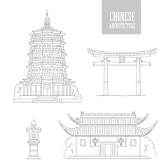 Vector Chinese architecture landmarks. Oriental buildings black white line art gate pagoda and gazebo. Set different architectural national tradition of China.