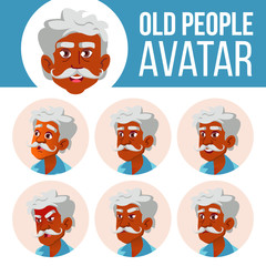 Obraz premium Indian Old Man Avatar Set Vector. Face Emotions. Hindu. Asian. Senior Person Portrait. Elderly People. Aged. User, Character. Fun, Cheerful. Cartoon Head Illustration