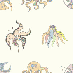 Vector hand drawn colorful seamless pattern, illustration of fish, octopus, starfishб squid with decorative geometrical elements, lines, dots. Line drawing. Graphic artistic design.