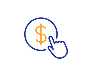 Hand Click line icon. Currency exchange sign. Cursor pointer symbol. To pay or get money. Colorful outline concept. Blue and orange thin line color icon. Buy Currency Vector