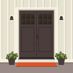 House door front with doorstep and mat, window, lamp, flowers, building entry facade, exterior entrance design illustration vector in flat style