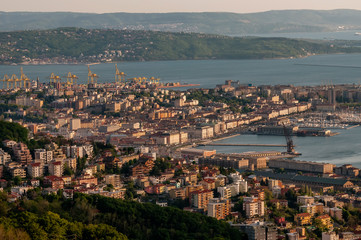 Beautiful aerial view of Trieste at sunset, Friuli Venezia Giulia, Italy