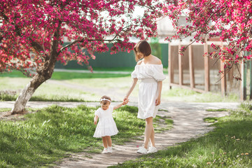 Naklejka na ściany i meble Young mother and her little daughter walking in the park together in the spring time. Happy family outdoors. Loving with adorable baby girl.