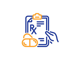 Prescription Rx recipe line icon. Medicine drugs pills sign. Colorful outline concept. Blue and orange thin line color Prescription drugs icon. Vector