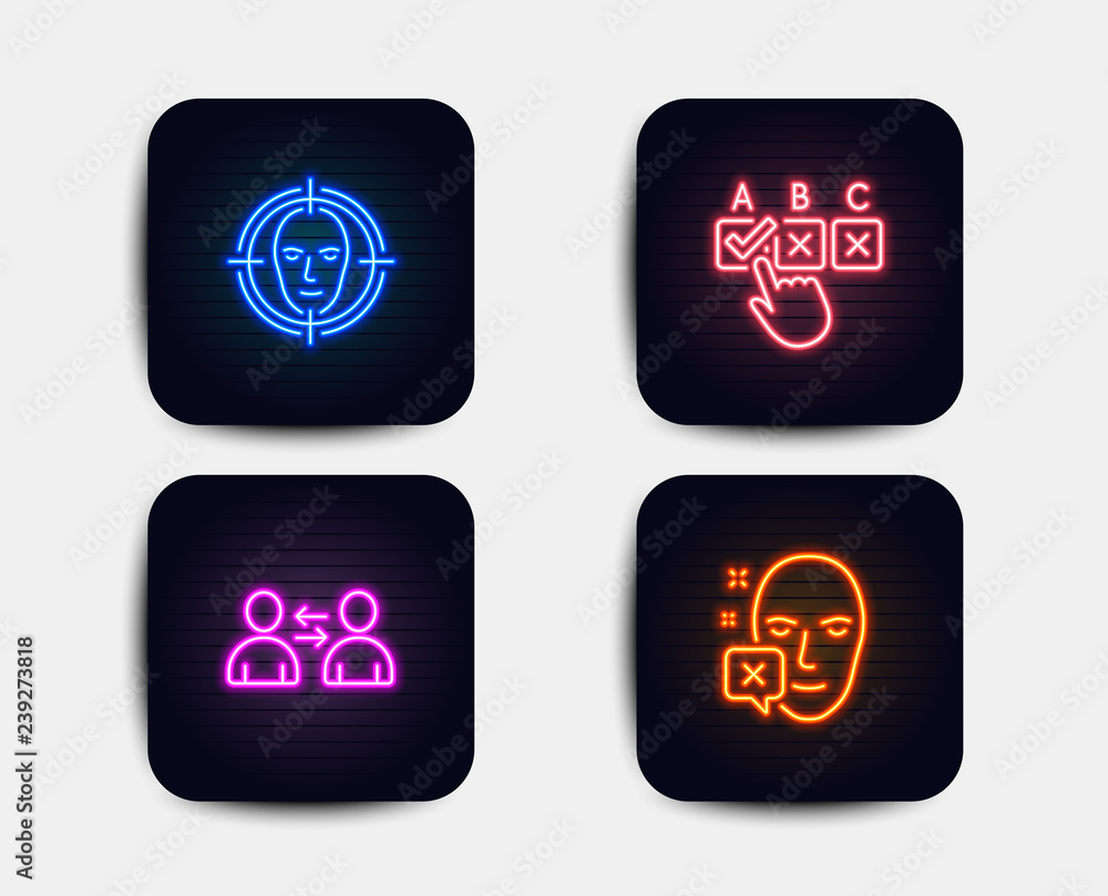 Poster neon set of correct checkbox, communication and face detect icons. face declined sign. answer, users