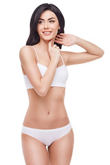 Fototapeta premium beautiful female legs with white panties on white background