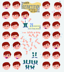 Businessman in casual style. Twenty eight expressions and basics body elements, template for design work and animation. Vector illustration to Isolated and funny cartoon character.