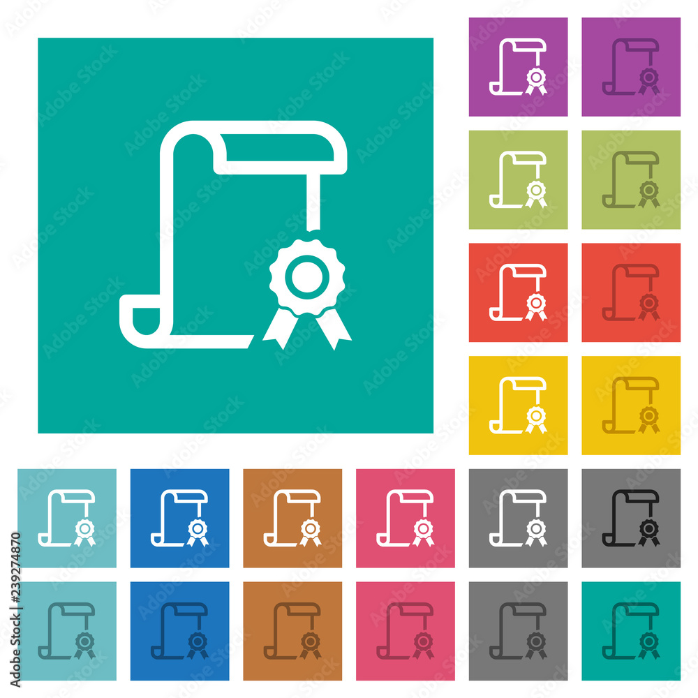Poster scroll with certificate on right square flat multi colored icons