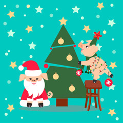 Two cute Pig near Christmas tree. New Year illustration, postcard can use  for decoration, invitations.