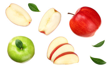 green and red apples with slices isolated on white background. top view