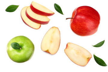 green and red apples with slices isolated on white background. top view