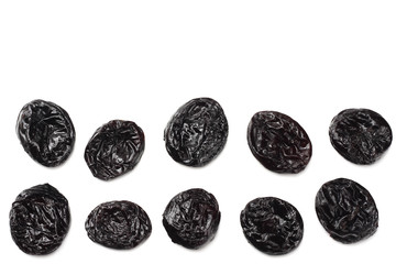 Dried plums - prunes isolated on white background. top view