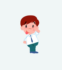 Businessman in casual style sticks out his tongue in gesture of funny shyness.