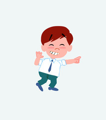 Businessman in casual style pointing to something funny on his left.