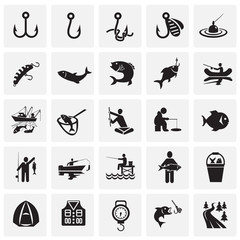 Fishing icon set on squares background for graphic and web design, Modern simple vector sign. Internet concept. Trendy symbol for website design web button or mobile app - 239275281